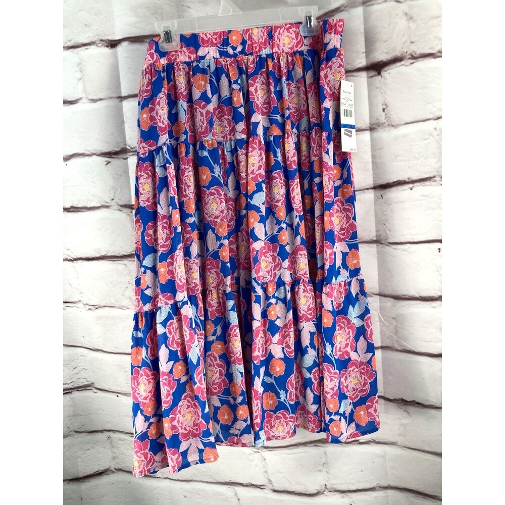 Ruby Rd Bright Blooms Tiered Midi Skirt XL NWT Blue Pink Floral Pull On Boho